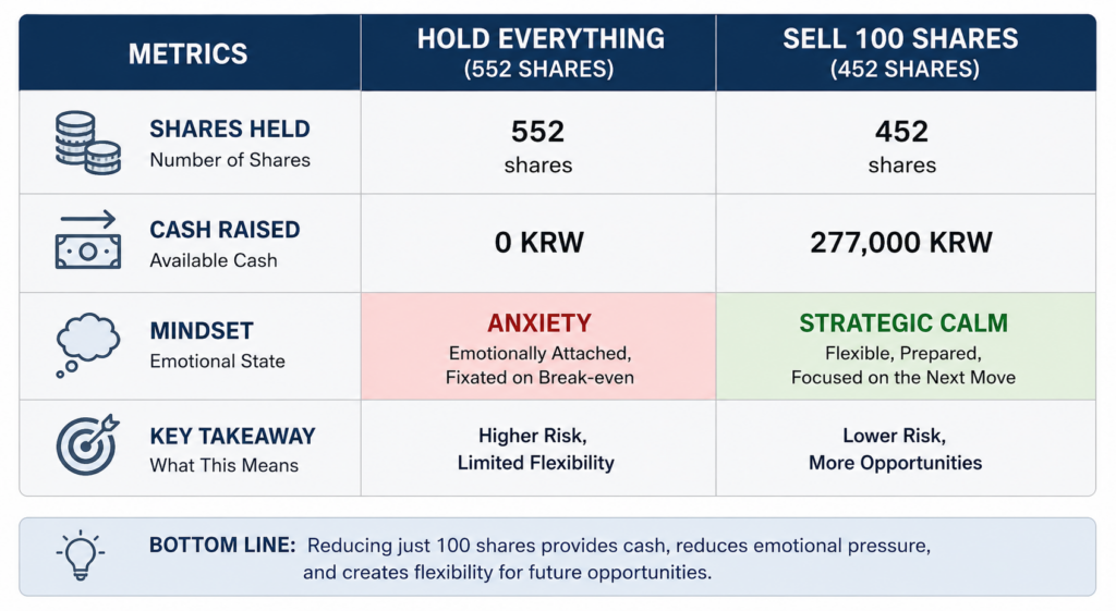 Position sizing comparison between holding all shares and selling 100 shares